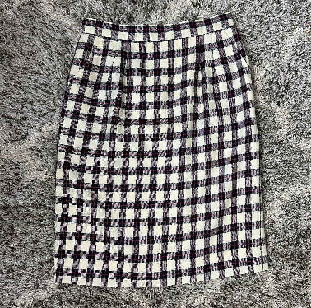 Vintage Talbots Plaid Wool Pencil Straight Skirt Black Pink Pleated High Waist